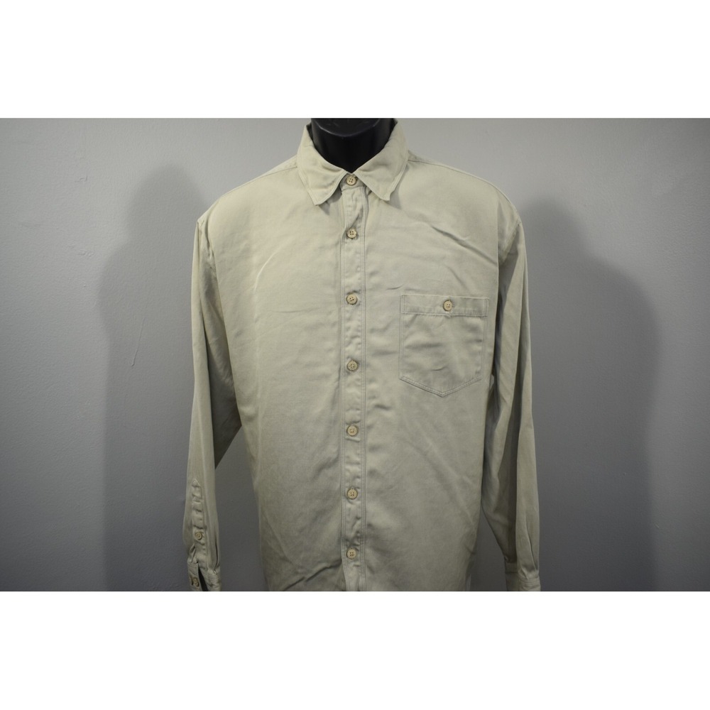 Tommy Bahama Hawaiian Dress Shirt Silk Cotton Beige Long Sleeve Mens Size Medium